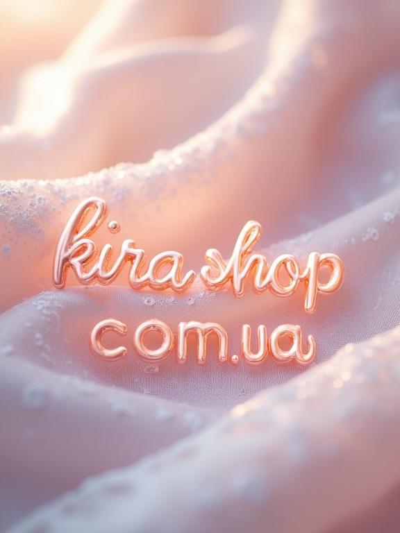 High-resolution image of text 'kira shop com.ua' elegantly styled in flowing script. Text has luminous sheen on a silk or lace background in pastel colors. Includes soft diffused lighting for a delicate look. No distractions present.