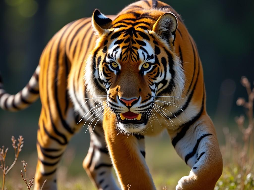 This captivating image captures a tiger prowling through its natural habitat. The tiger's intense gaze and powerful stance are highlighted by the warm sunlight, emphasizing its vibrant orange and black striped fur. The blurred background adds focus to the majestic creature, enhancing the sense of movement and wild beauty.