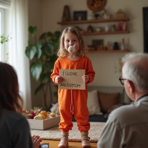 Child in orange outfit holds a cardboard sign. Child stands on a table. Family members pretend to auction the child. Room is bright and cheerful. Engaging in playful imagination.