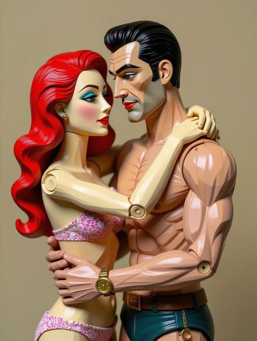 3D wooden marionette puppet couple embracing. The woman has red hair and wears swimwear. The man is muscular with pale skin. The artwork is colorful and whimsical. It combines elements of action and adventure. Intricate details make it a standout piece. Style reflects the works of Howard Finster and others.