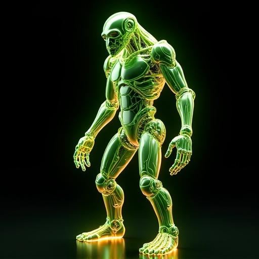 Robot ape figure in full body. Green and orange colors with thick glass texture. Neon light edges enhance visual appeal. High quality render against black background. Back lit studio shot.