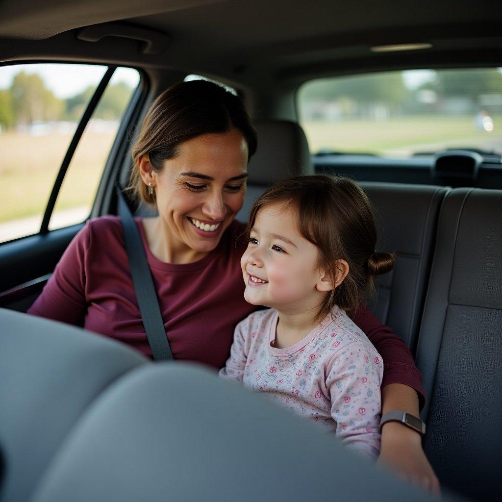 Image captures a mother and child living in a car due to homelessness. Mother shows love and care. Daughter is smiling and happy. Image reflects resilience and strength of the mother.