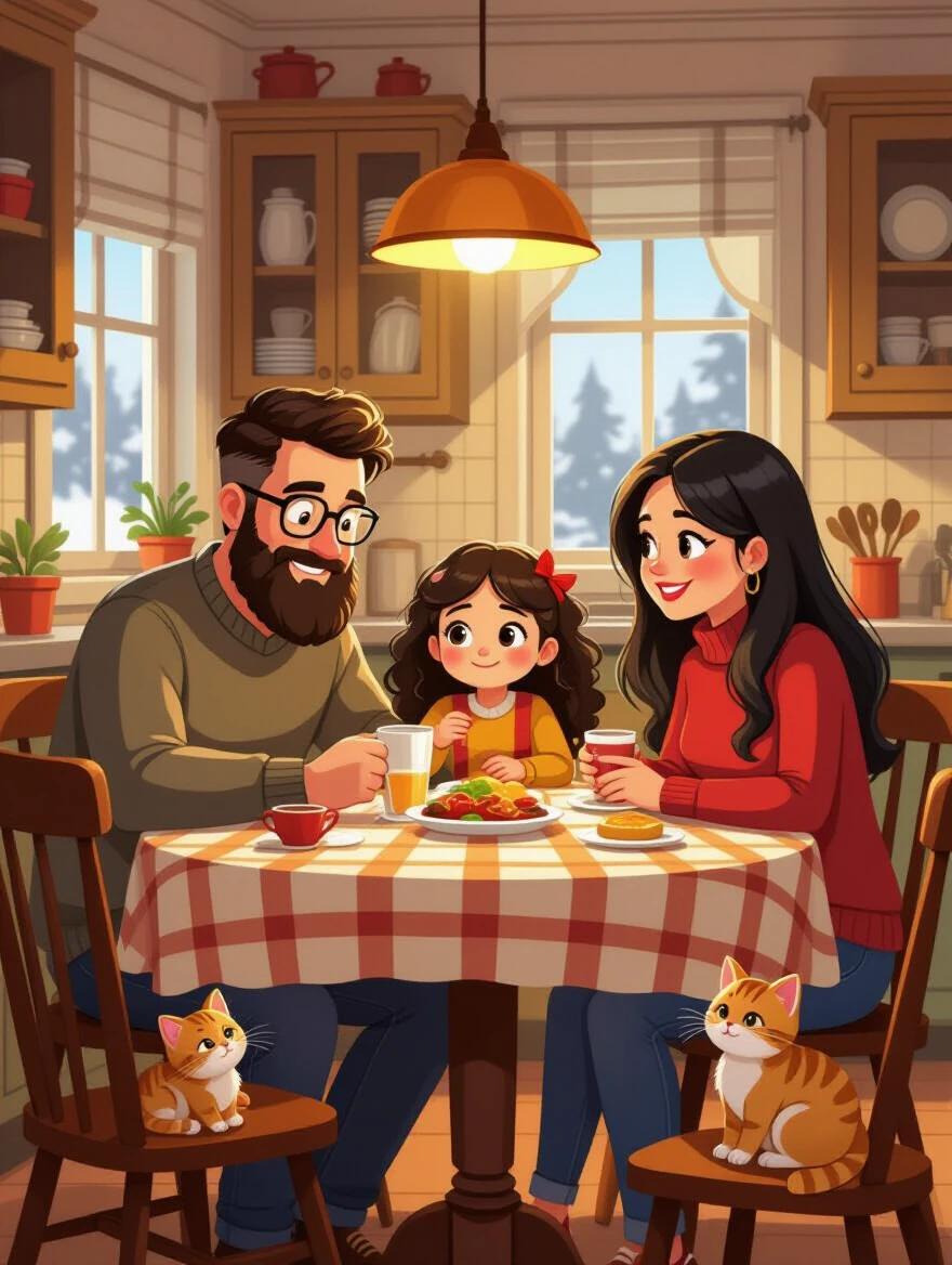 Cozy family dinner scene Father has a full beard and wears glasses Mother has long straight black hair Sister has curly hair They are at a warm kitchen table under soft lighting A red kitten watches the family Curled up on a chair or near a window The style is illustrative sweet and colorful