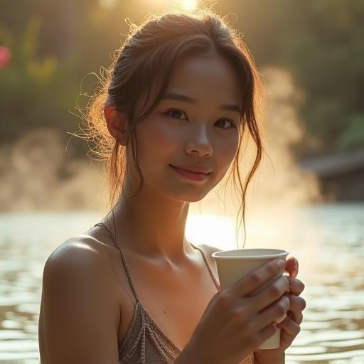 A young woman smiles while holding a coffee cup in a hot spring during the morning. Bright light creates shadows on her face. Background features soft bokeh and vapor from the spring. Her skin appears translucent under the sunlight.