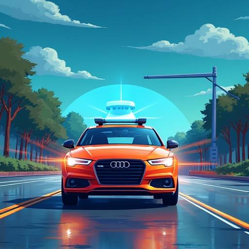 Cartoon depiction of a car equipped with advanced sensors such as LIDAR and radar for autonomous driving. The scene features a vibrant landscape with clear skies and trees along a road.