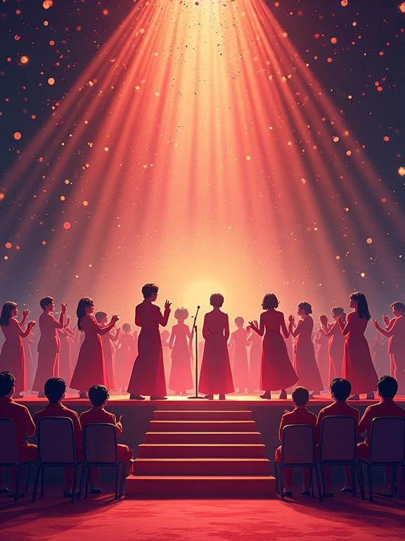 Design a Hong Kong-style singing competition poster. Use vibrant colors and music elements. A grand and solemn atmosphere is essential. Exclude characters and text from the design.