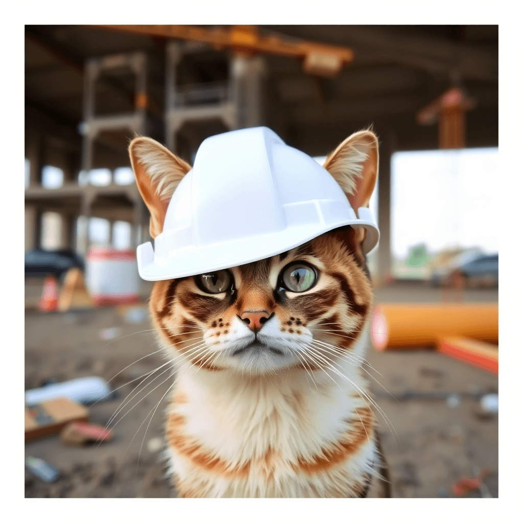 A cat wearing a white hard hat stands on a construction site.