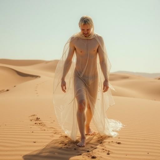 A translucent figure made of liquid water walks in the Sahara desert. The background features soft sand dunes under bright sunlight.