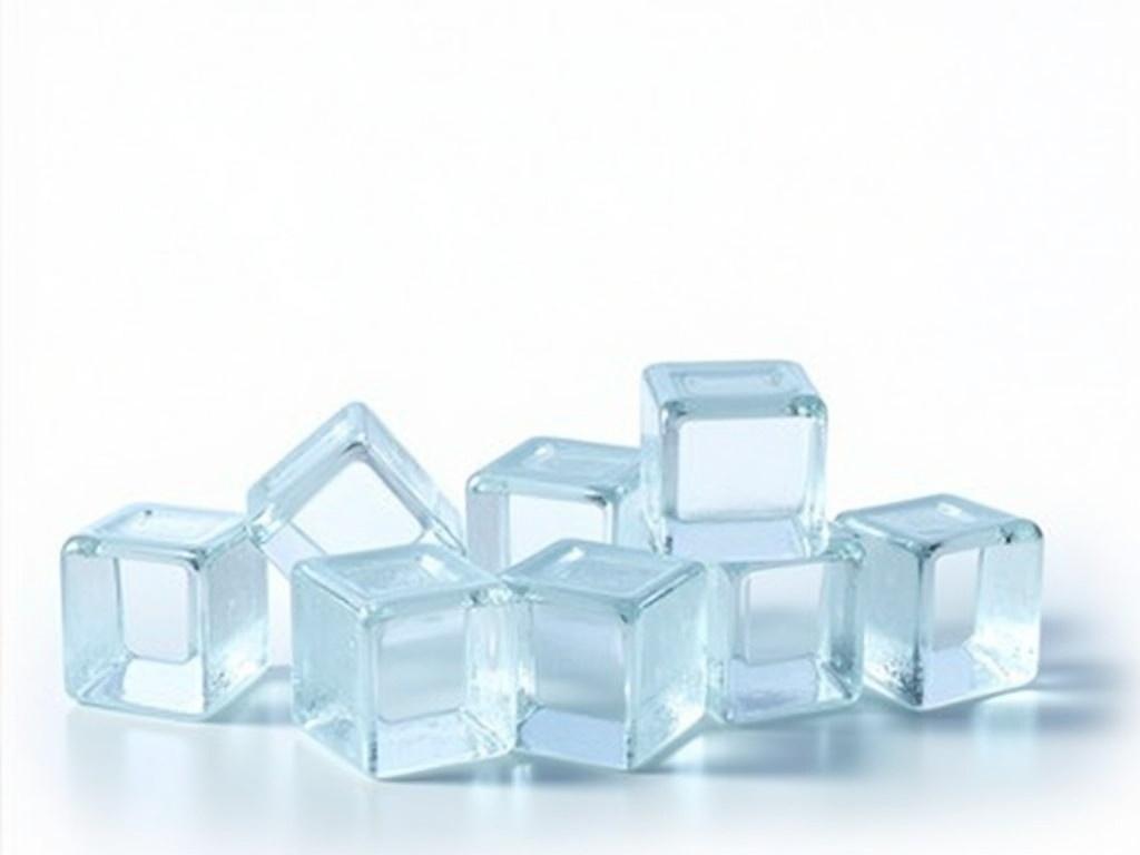 The image features a collection of ice cubes that are regularly spread out on the bottom. The ice cubes are transparent and glistening, allowing light to pass through. The background is a clean white, making the ice cubes stand out prominently. Each cube has a smooth surface with subtle reflections and some condensation on them. The overall composition creates a refreshing and cool feeling, perfect for a drink or a hot day.