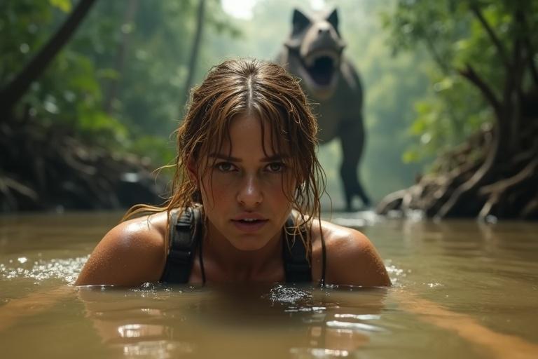Close-up of Lara floating in muddy jungle pool only her face visible. Golden hair soaked clinging to her cheeks. Eyes wide with fear as she breathes silently. Background features a T-Rex prowling in jungle. Capture of stealth and survival.