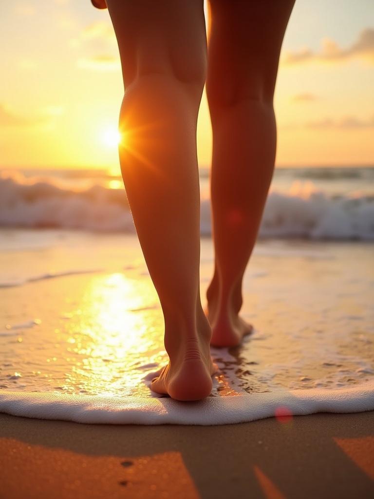 Female feet walking on the beach. Warm sunlight shines from behind. Ocean waves gently lap at the shore. Sand is visible under the feet.