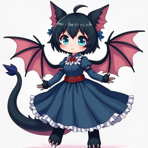 A cute girl with mixed dragon traits stands elegantly. She has a furry dragon face, black hair, and blue eyes. Her dress is blue with a frilly white hem. She has small pink dragon wings and furry limbs. The character looks charming and adorable.