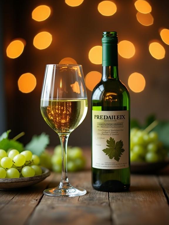 Two wine glasses clink together with a green bottle wine beside them. A plate of green grapes is in the background. The scene has warm ambient lighting and golden bokeh lights. There are soft shadows and reflections creating a cozy atmosphere. The texture of the wine label and glass is emphasized with shallow depth of field.