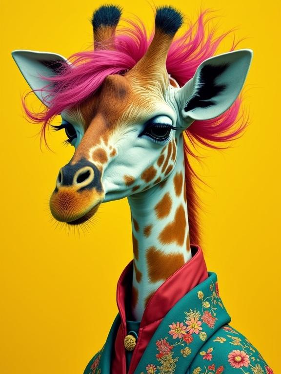 Surreal portrait features a giraffe with punk styling. Giraffe has vibrant colored hair and wears eccentric attire in shades of green, magenta, yellow, and blue. Background is contrasting yellow ocher. Image is hyperdetailed with intricate patterns.