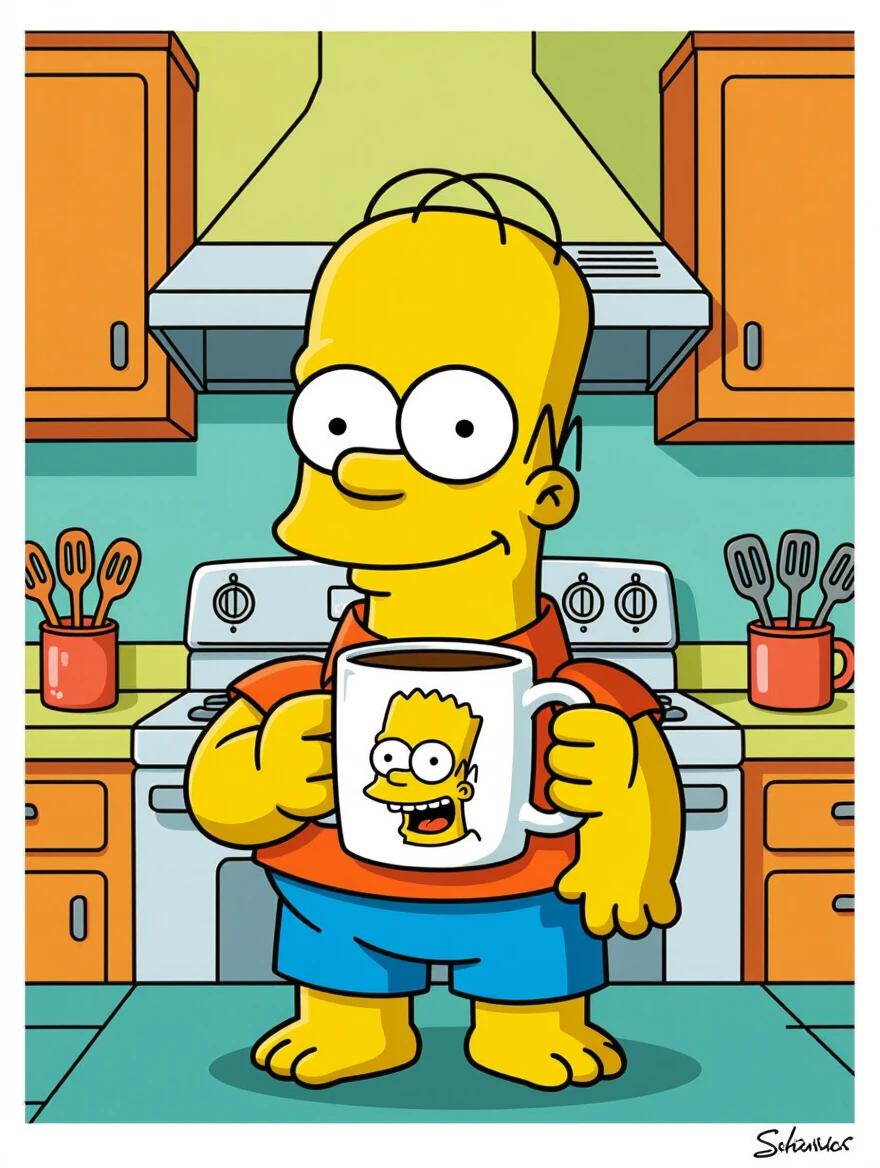 A cartoon character with yellow skin and a balding head stands with a goofy expression. He holds a white mug featuring his smiling face. The background shows a colorful kitchen. Clean cartoon lines are used in 3:4 format.