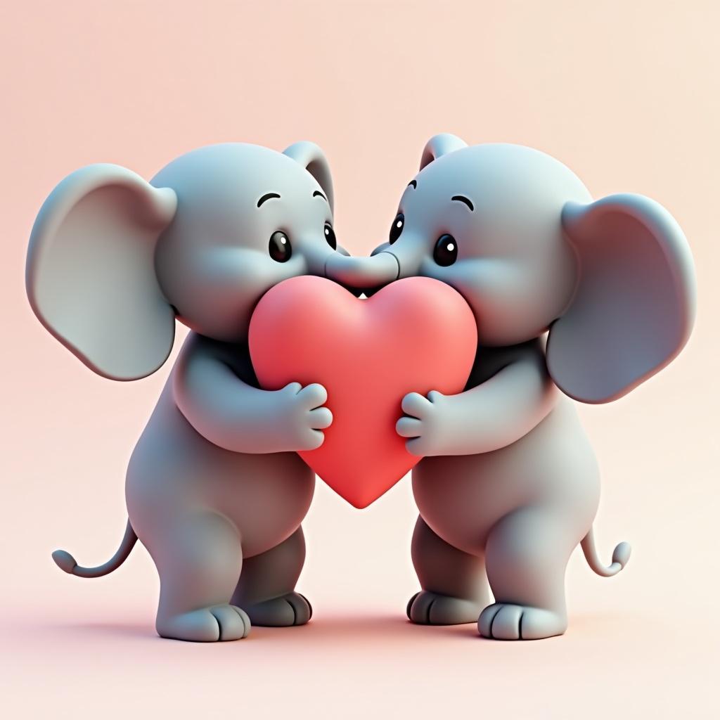 Two elephants are holding a red heart. The elephants are cute and friendly in appearance. They are represented as low-poly geometric 3D models. The theme is centered around Valentine's Day.