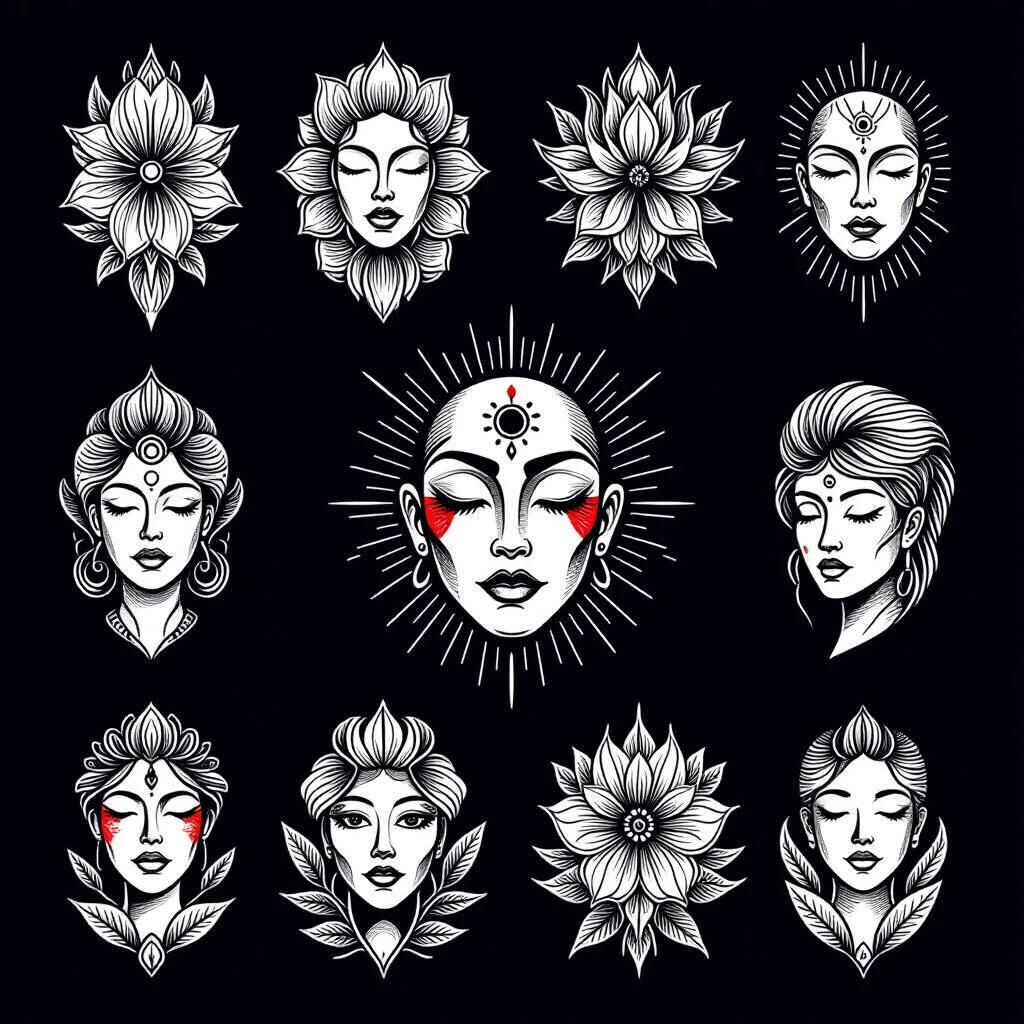 Flash tattoo sheet design features various exotic flowers and faces. The images are created in thick black and white lines. All designs are minimalist and focus on emotional and fantasy elements. Each design is symmetrically arranged in a grid format.