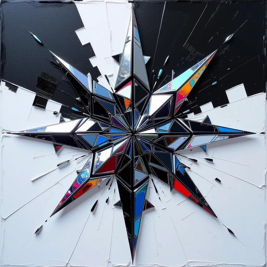 Heavy impasto oil painting showcasing a sharp metallic star form. Created with textured brushstrokes and palette knife techniques. Features liquid chrome against a black background. The rays extend outwards in an aggressive and dynamic design reminiscent of a tattoo.
