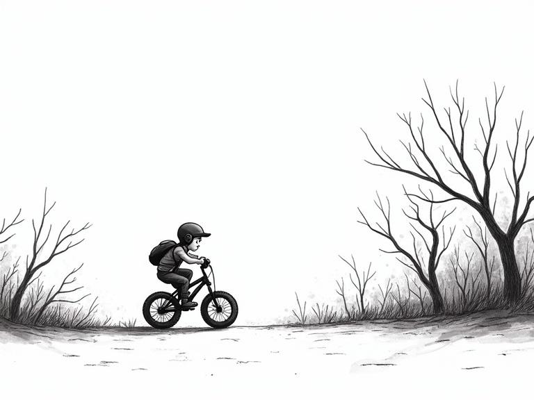 Wide shot shows young bike rider moving quickly past trees. Drawing in scamp style. Thick black marker on white background.