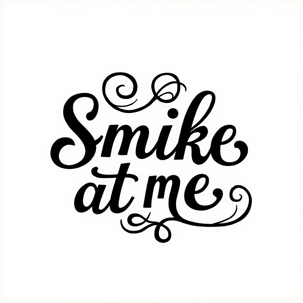 The image features the phrase 'Smile At Me,' elaborately stylized in a decorative font. The text is black against a clean white background, allowing it to stand out. Intricate swirls and designs embellish the lettering, adding an artistic touch. This type of typography reflects innovation and creativity, making it ideal for various applications. Its blend of vintage and modern aesthetics makes it suitable for branding, art prints, or social media use.