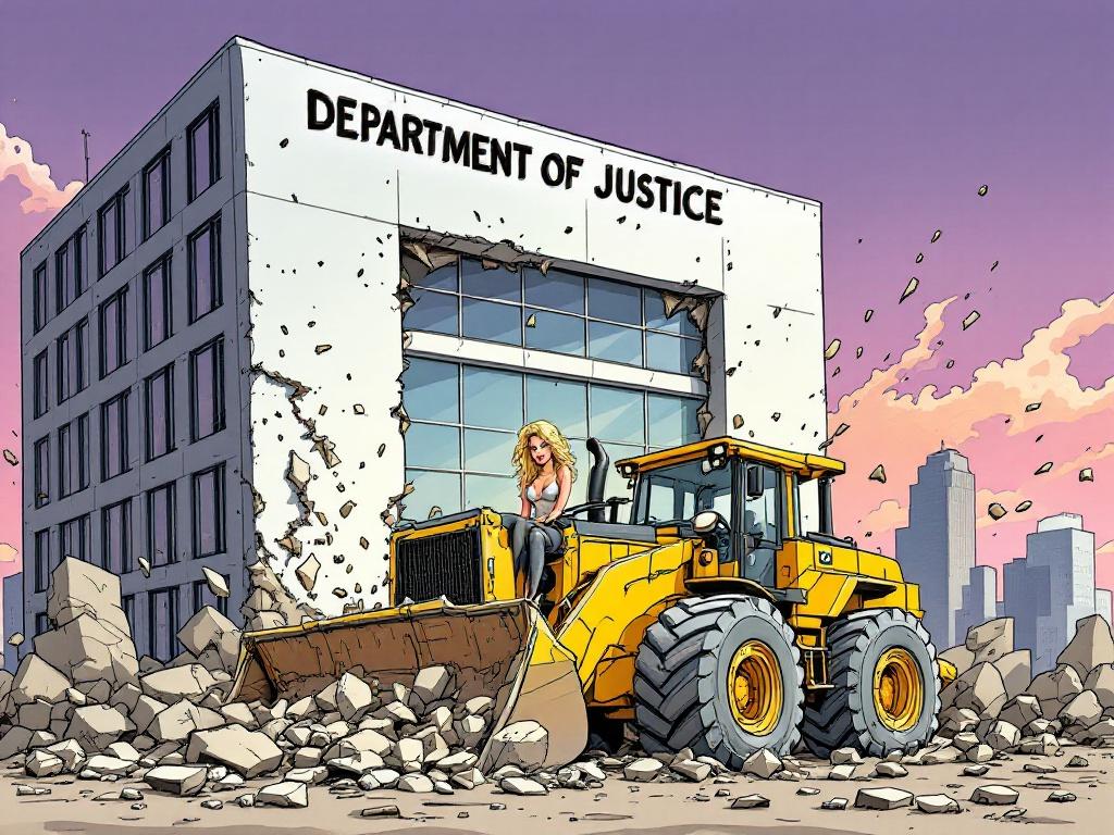 Cartoon of an attractive blonde woman resembling Pamela Bundi seated on a bulldozer, driving into the ruined entrance of a modern office building with 'Department Of Justice' displayed on it.