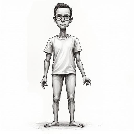 A simple drawing of a human figure on a plain white background. The figure has a casual attire and stands upright with arms at the sides. A minimalist design with no complex details. Intended for use as a reference in character design.