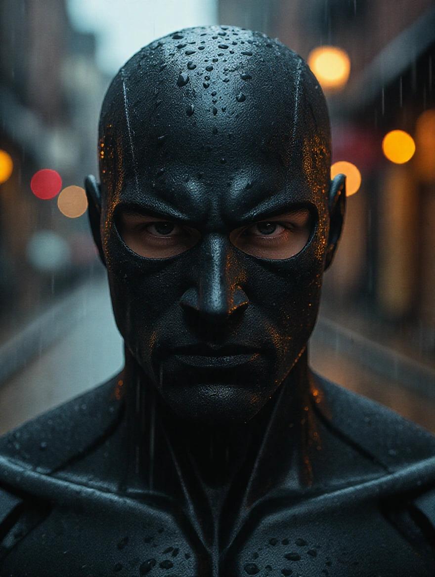 A professional fine art photograph of a stick man fighter's face in a wet rainy scene with warm dark soft tones and soft contrast. Drizzle of rain droplets on his face with reflective wet surfaces and cinematic lighting creates a moody atmosphere reminiscent of noir style.