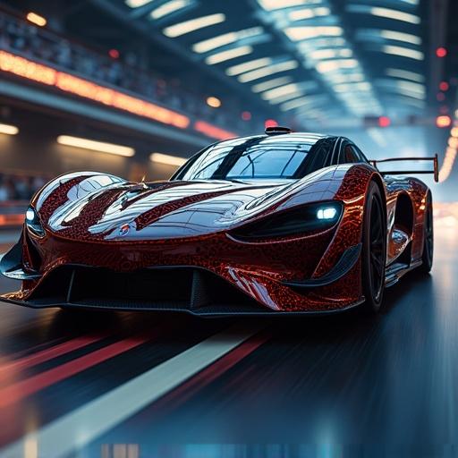 A full HD image of a super car in DMT art style. The car is futuristic with sleek lines and reflective surfaces. The background suggests a racetrack setting.