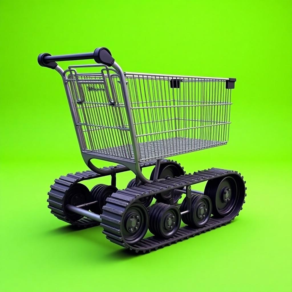 Hyper-realistic image of a metallic shopping cart. Cart structure includes basket and handlebar. Wheels replaced with tank tracks. Tracks have detailed treads and texture. Transformation appears seamless. Background is bright green to emphasize design.