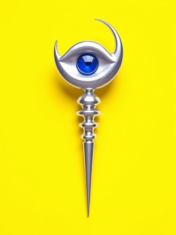 Illustration of a silver brooch. The center has a crescent moon with tips pointing upward. A stylized eye rests inside. The upper eyelid is slightly thick, and the lower contour is thinner. The iris is round and sapphire-blue. A long silver pin emerges from the eye's bottom, extending through the crescent moon. The pin is made of nested silver segments. The entire brooch has a polished finish against a yellow background.