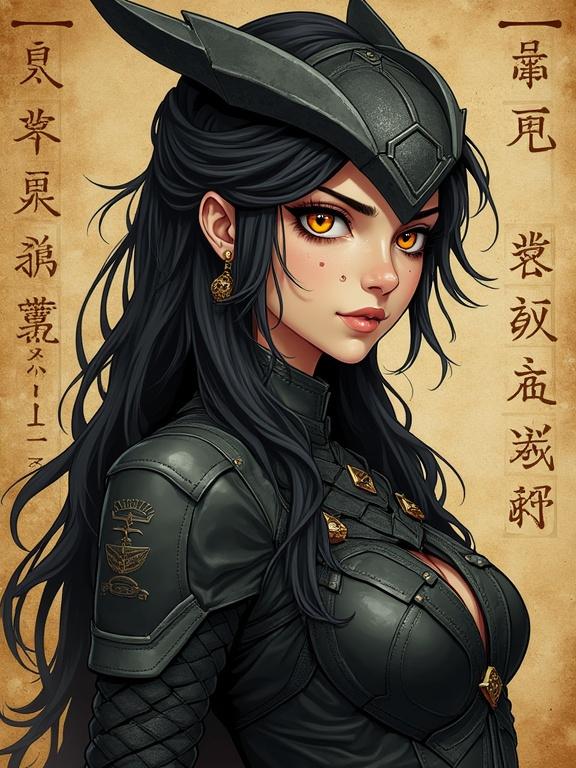 Anime style digital illustration with a character having ash gray skin and amber eyes. Two thin scars on sharp cheekbones. The character wears matte black leather armor with shadowy threads. Background features old papyrus with mystical runes. Soft warm lighting creates highlights and dramatic shadows. Realistic art style with detailed textures.