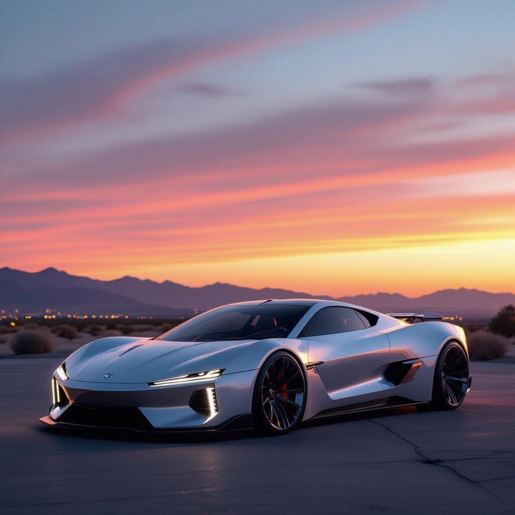 Futuristic low rider hypercar parked against a sunset. Raw photo capturing epic dark scenery. Angular design with sleek features. The sky exhibits vibrant colors as the sun sets.