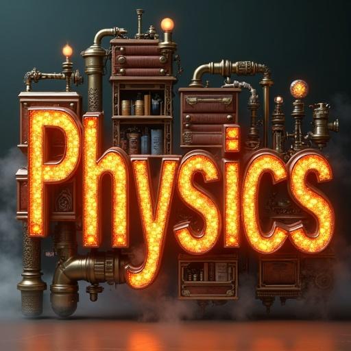 3D typographic artwork spells Physics in steampunk style with aged brass, polished copper and dark mahogany. Letters have glowing amber energy tubes and intricate clockwork details. Some are antique bookshelves filled with manuscripts. Background has a moody gradient and fog.