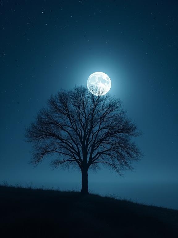 A serene night scene with a full moon above a solitary tree. The tree is silhouetted against a starry sky. The image conveys deep peace and tranquility. Highly detailed and realistic.