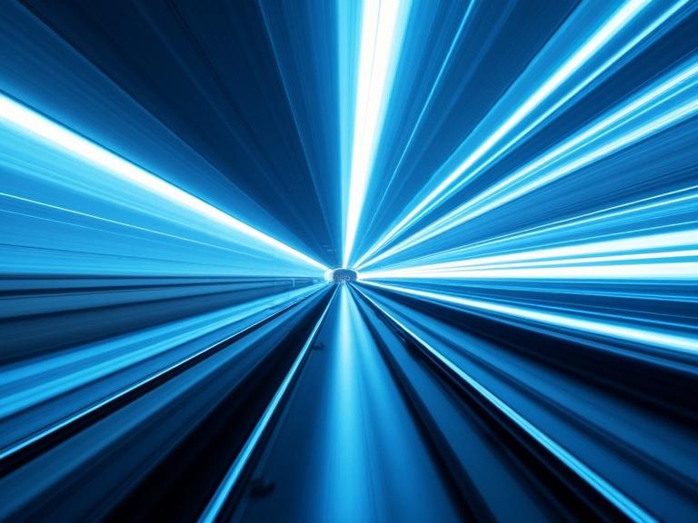 Abstract design featuring motion lines in blue and white colors. The image portrays a rail tunnel with dynamic light effects. Captures a futuristic cityscape. Expresses a sense of movement and speed through blurred lines.