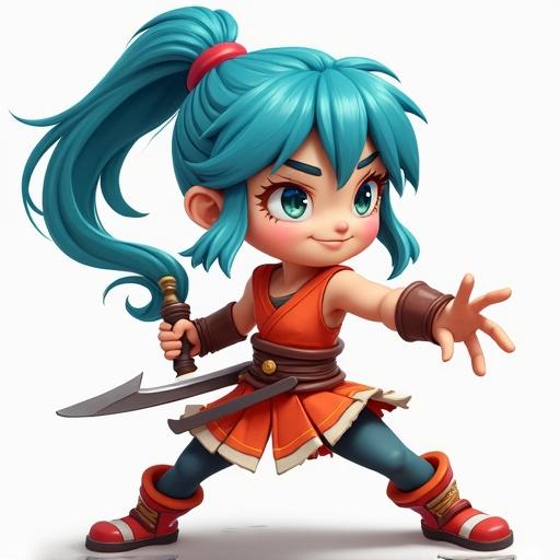 Stylized character of a young girl wearing warrior clothing. She has blue hair and is striking a fighting pose with a sword.