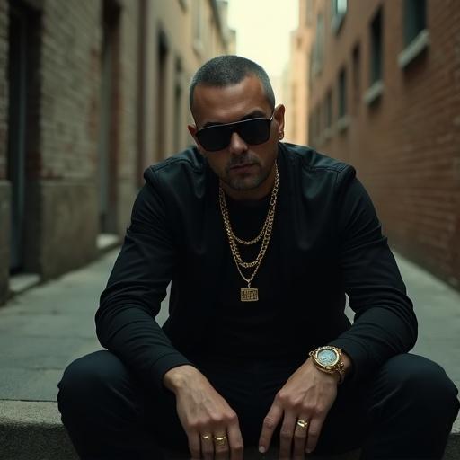 A man wears a single gold cuban chain. He sits in an alleyway. The style is mobster inspired. Sunglasses add to the intimidating look. The setting is urban and gritty.
