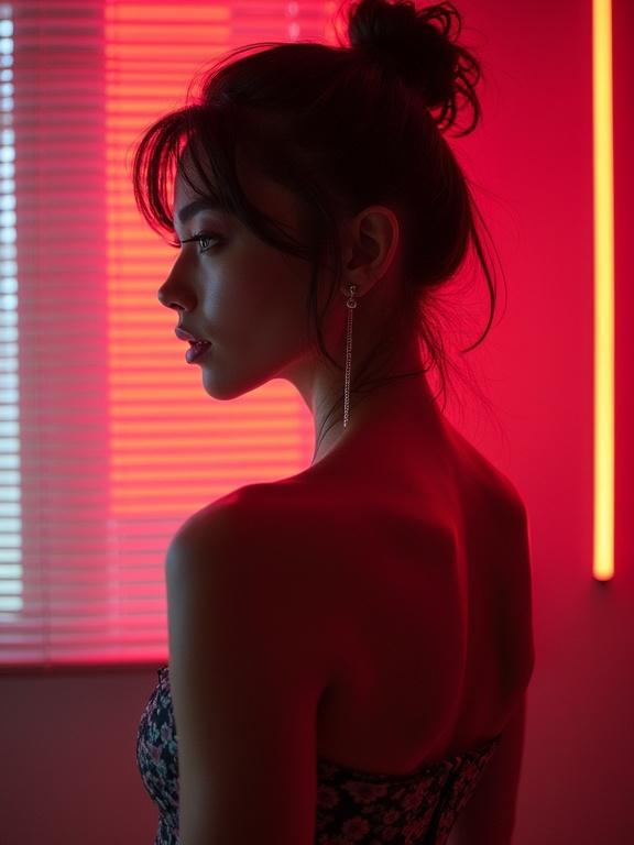 Female model poses gracefully in a room bathed in red neon light. Light seeps through the blinds creating an atmospheric backdrop. Model's silhouette highlighted by soft neon glow.
