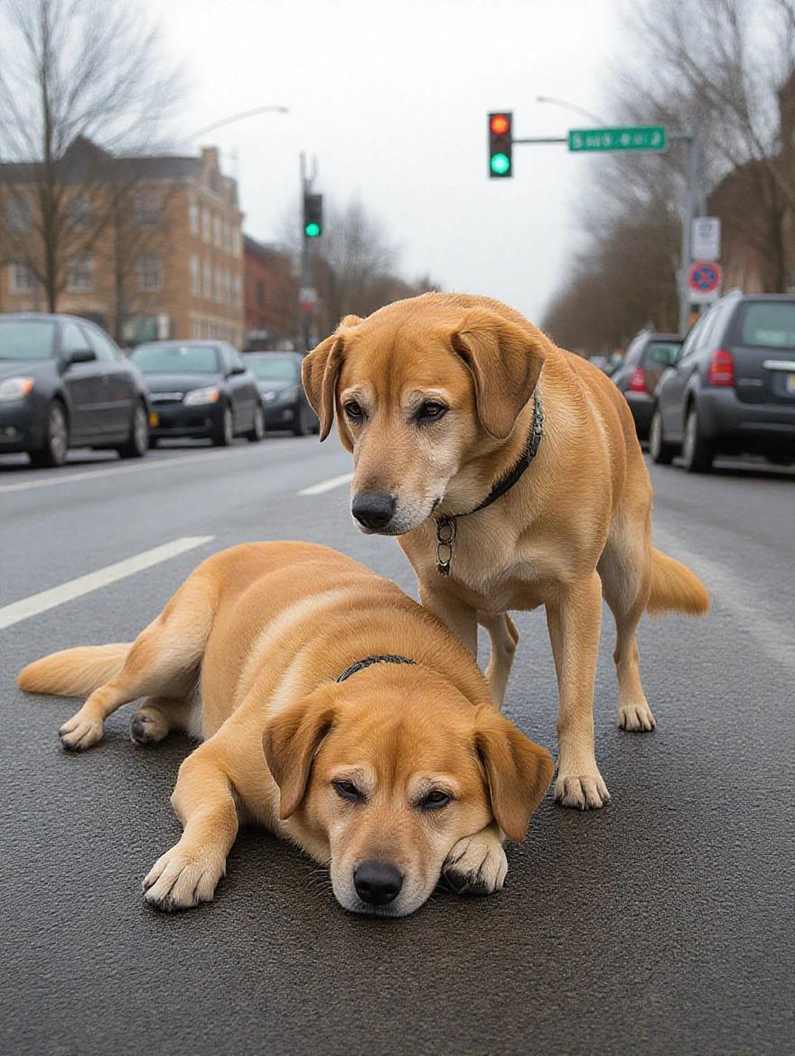 Two dogs on a street. One dog gently nudges another dog. Sad expressions with expressive eyes. Traffic in the background. Emotional photorealism. 9:16 aspect ratio.