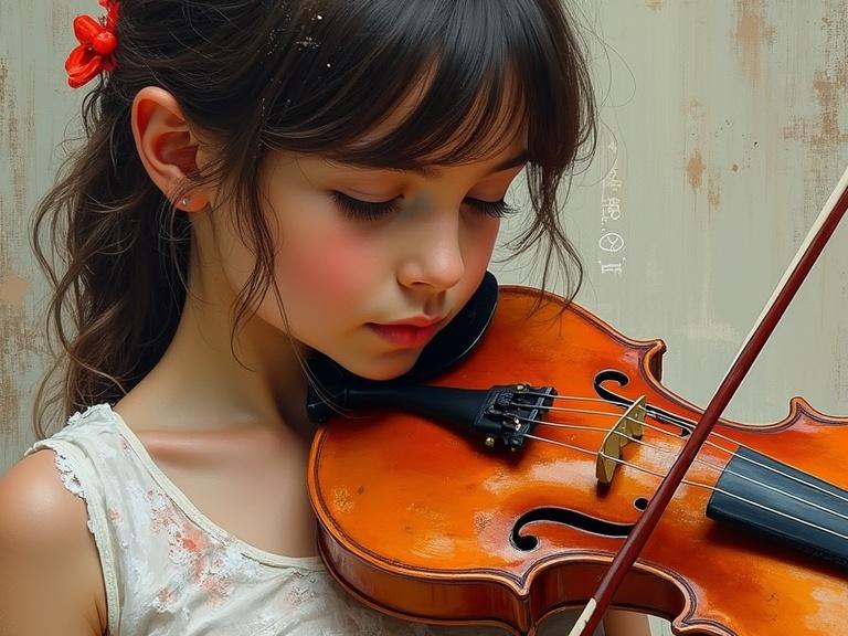 A little girl plays the violin. The setting has a textured background resembling old paint. The image features artistic brushstrokes with its impressionistic style. The violin rests close to her neck. Natural light brings warmth to the wooden tones of the instrument. The girl's expression is focused on her music.