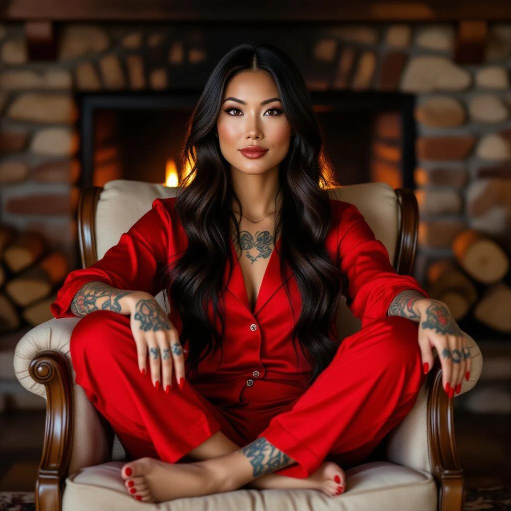 Asian woman poses in red pajamas beside fireplace. Long black hair cascades over shoulders. Brown eyes capture warmth of the setting. Tattoos adorn her arms, showcasing her style. Red nails add to the aesthetic. Seated comfortably in an armchair, legs extended, exuding confidence and tranquility.