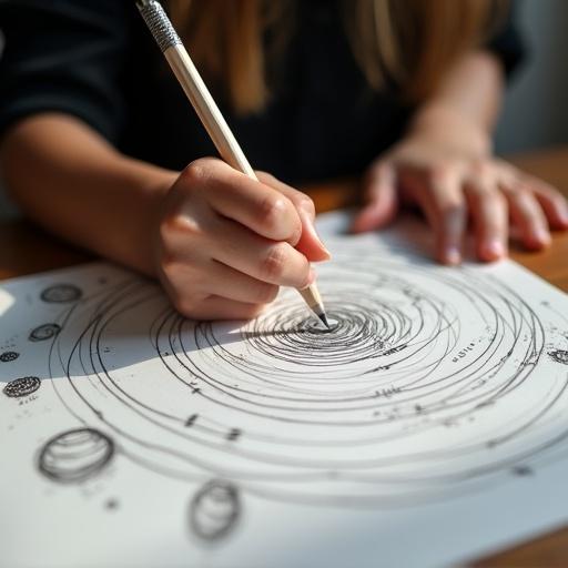 Hands of a girl in a black shirt sketching the solar system with a pencil. Focus on the drawing and the hand movements. Natural light creates an inviting atmosphere.