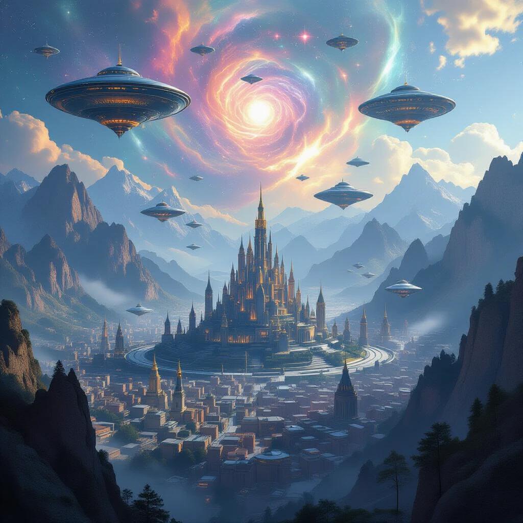 Close drone shot of a capital city downtown in a mystical society. City located in the mountains and valleys. Features alien technology like blimps, hot air balloons, and hexagon forts. Magical nebula surrounds the scene.