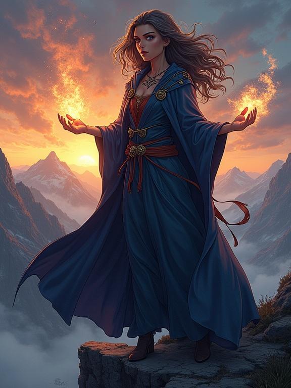 A powerful sorceress stands on a mountain cliff. She has glowing eyes and wind-blown hair. Wearing a long enchanted cloak with arcane symbols. Magic energy swirls around her hands. The scene is set at dusk with a cinematic backdrop.