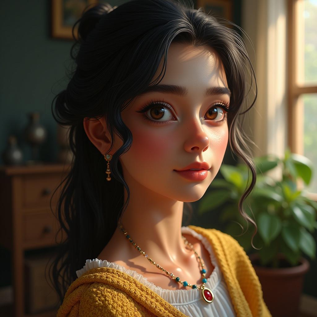 Portrait featuring intricate jewelry and detailed clothing. The background shows a cozy interior with warm lighting. Focus on natural beauty and realism.