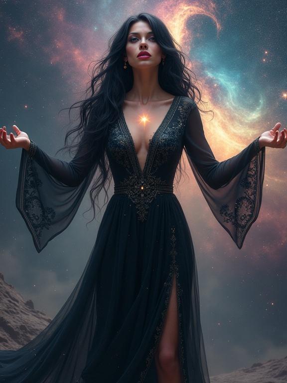 Highly detailed digital artwork of a mystical ethereal woman. Long black hair and smooth skin. Sophisticated makeup with grey eyes and red lipstick. Tall curvy figure in a dark metallic dress with glowing patterns. A small shiny light in her chest. Arms outstretched towards the stars. Cosmic background with vibrant colors and glowing nebulae. Dark ground representing cosmic debris. Artwork is realistic with a focus on light and color.