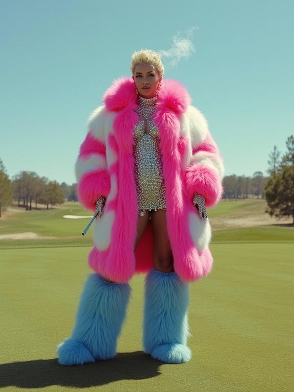 Pam St Clement wears a glamorous neon pink and white fox fur coat. She has a long spike encrusted neck-collar. A diamond encrusted dress is present. Thick blue fur knee-high boots are worn. Smoke from a long cigarette rises. The scene is set on an empty golf fairway under sunny daylight.
