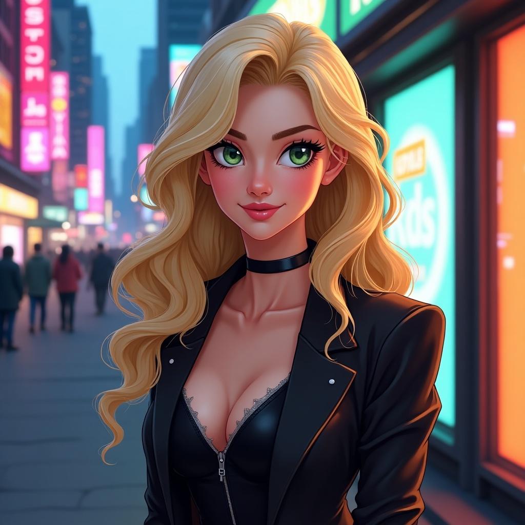 Female character with blonde hair and green eyes in a neon city. Dressed in a chic black outfit. Confident smirk and playful wink. Vibrant lighting and modern atmosphere.