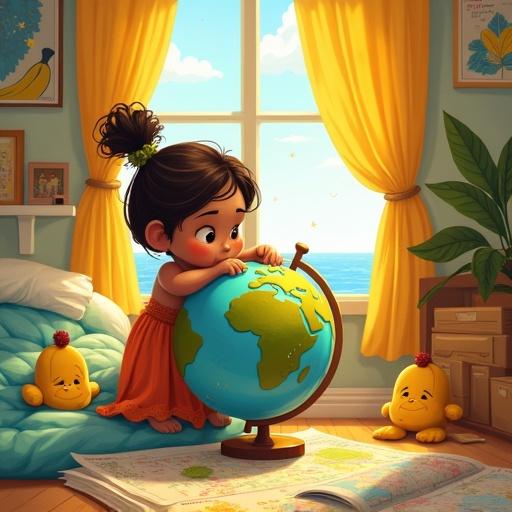 Savannah in her cozy bedroom near a globe. Maps and toys scattered around. Bright window showing ocean and clouds. Coral and Rio stuffed animals present. Wall art with bananas and stars.