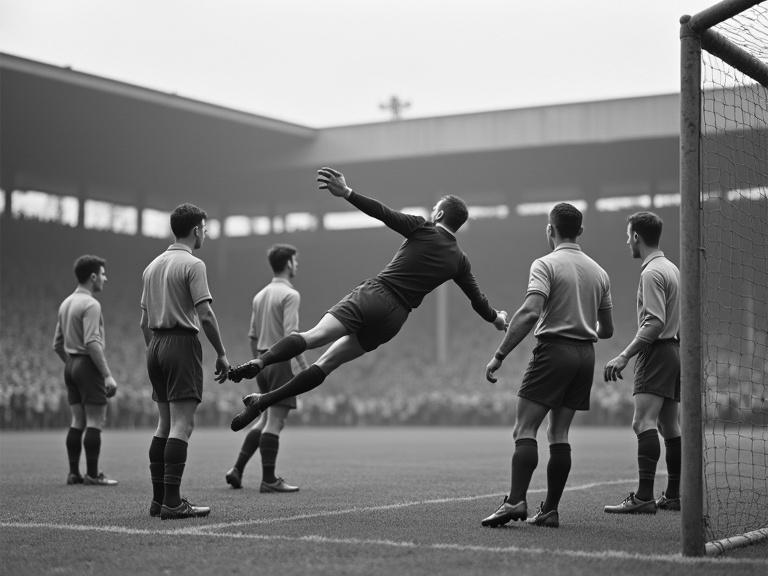 Black-and-white digital image simulating a 1930s football match. Dramatic moment of goalkeeper leaping to block ball. Four players in classic shirts and trousers watch. Crowded stands in traditional stadium. Natural realistic appearance like old camera capture.